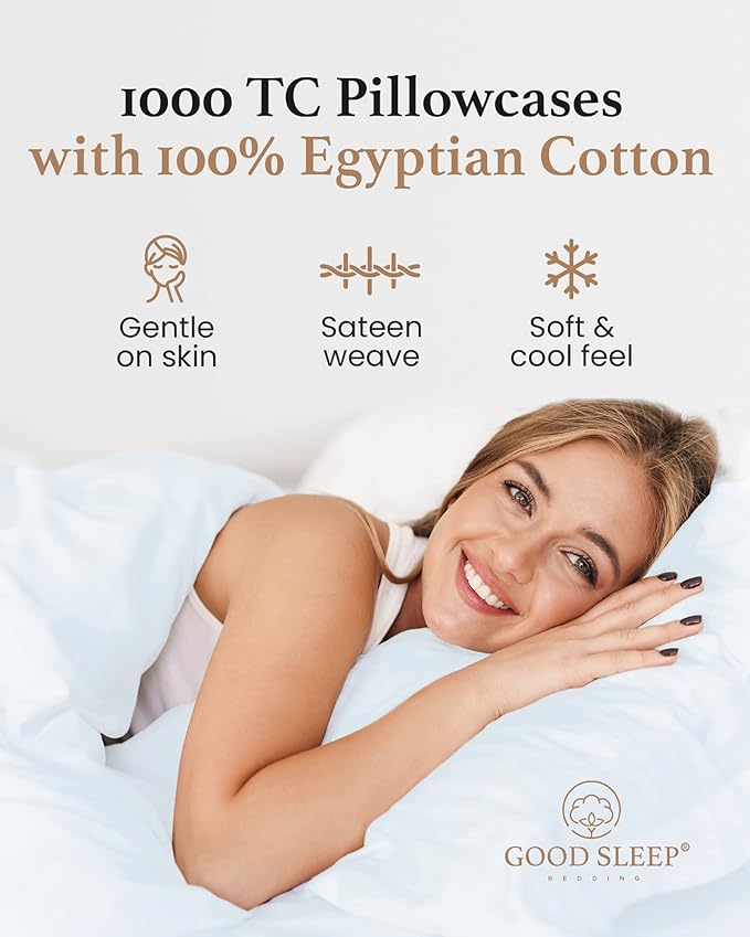 1000 TC Light Blue Standard Pillowcases Set of 4 100% Egyptian Cotton Pillow Cases with Long Staple Cotton & Sateen Weave, Silky Soft Hotel - Like Bed Pillow Covers for Comfy Sleeping, Snug Fit