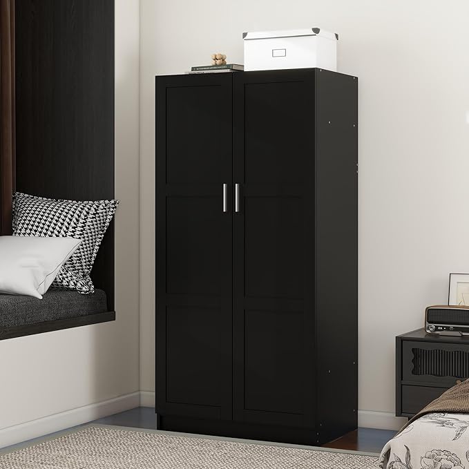 Panana Modern 2 Door Wardrobe Bedroom Armoires Closet Clothing Storage Cupboard with 2 Shelves & Hanging Rod for Bedroom (Black)