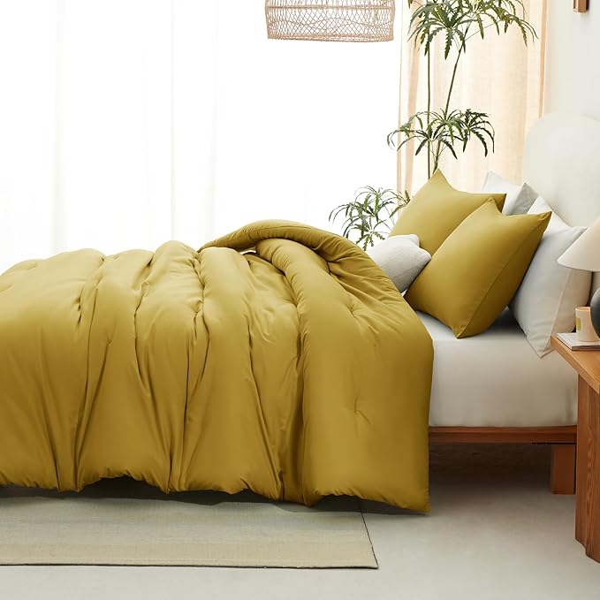 CozyLux Full Size Comforter Set Mustard Yellow, 3 Pieces Solid Breathable Quilted Bedding Sets, Luxury Lightweight Soft Bed Set with Down Alternative Comforter and 2 Pillowcases for All Seasons