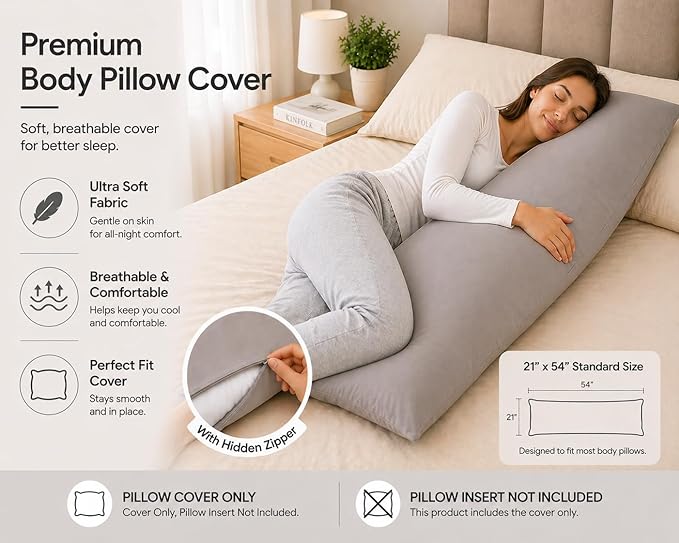 EVOLIVE Body Pillow Cover 21"x54", Ultra Soft Microfiber Pillowcase with Hidden Zipper, Breathable, Machine Washable, for Pregnancy & Side Sleepers, Cover Only (21"x54" Body Pillow Cover, Silver Grey)