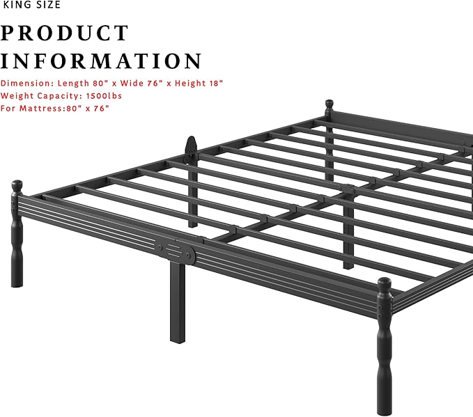 ZIYOO 18 inch King Size Metal Platform Bed Frame with Vintage Style, Mattress Slide Stopper, 1500LBS Heavy Duty Steel Slats, No Box Spring Needed, Noise-Free, Under Bed Storage Space