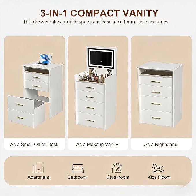 Small Makeup Vanity Desk with Flip Top Lighted Mirror, 3-in-1 Nightstand Vanity Combo with Visible Glass Desktop, Compact Dressing Table with Storage Stool & 3 Drawers for Small Bedroom, White