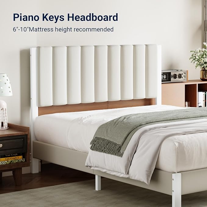 Avenco Queen Size Bed Frame with Velvet Upholstered Piano Keys Headboard, Metal Platform Bed Frame with Metal Slats for Bedroom Furniture, White