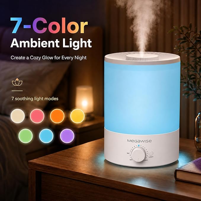 MEGAWISE 3.5L Cool Mist Humidifier with Top Refill, Large Capacity of 3.5L, Easy Safe and Convenient for Home + 7 Night light Colors