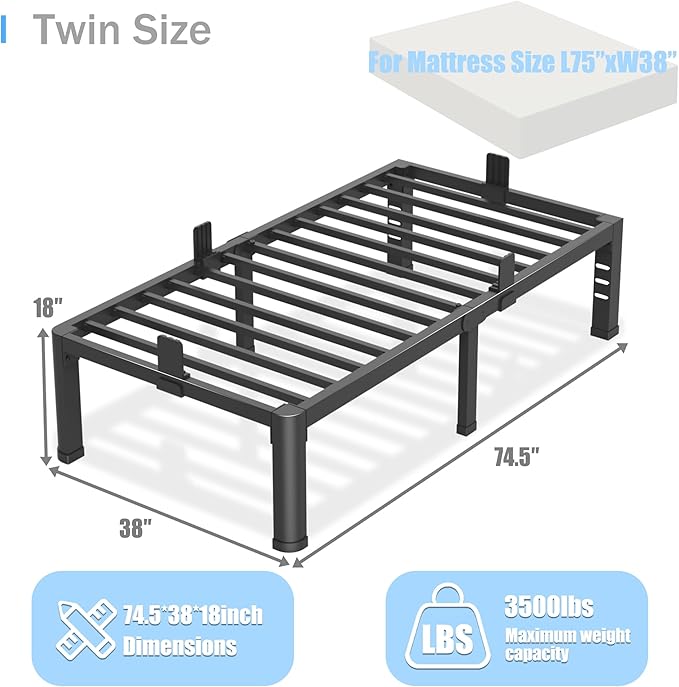 Yitong Angel 18 inch Twin Bed Frame with Rounded Corner Legs and Headboard Hole Mattress Slide Stopper 3500 LBS Heavy Duty Support Metal Platform,No Box Spring Needed, Noise Free, Easy Assembly