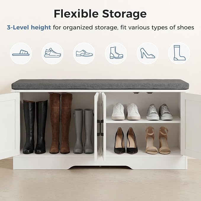 DUMOS Shoe Storage Bench, 47" Wide Shoe Organizer Cabinet with Padded Seat Cushion, 4 Doors, Adjustable Shelf for Entryway, Hallway, Bedroom, Living Room, White
