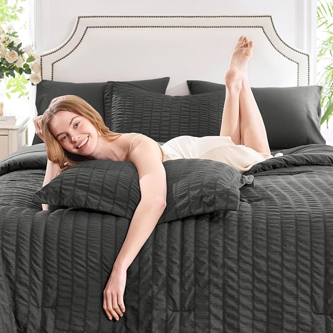 CozyLux King Size Comforter Set Dark Grey Seersucker 7 Pieces Bed in a Bag King Comforter Set with Sheets, Dark Gray Luxury Bedding Sets with Down Alternative Comforter, Sheets, Pillowcases & Shams