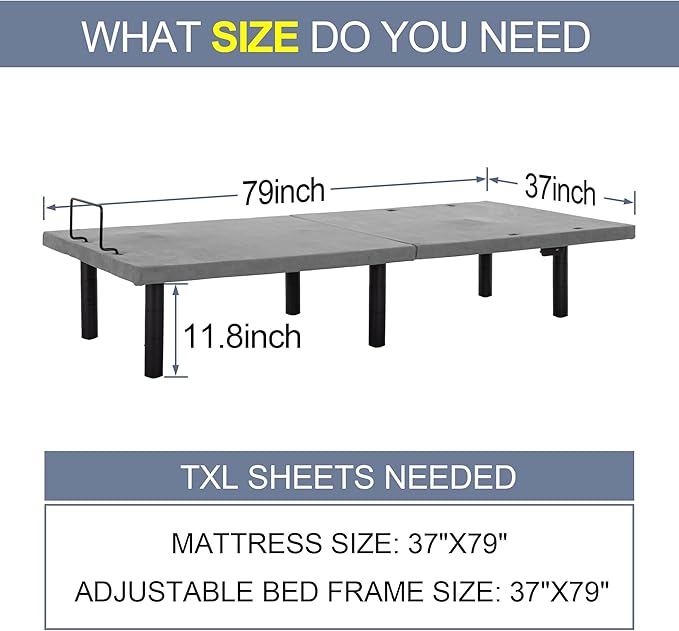 Fromann Adjustable Electric Twin XL Bed Base Frame with Massage, USB Type-C Ports, Zero Gravity, Under Bed Led Lighting and Three Leg Height (with Synchronization Connector) (Grey)