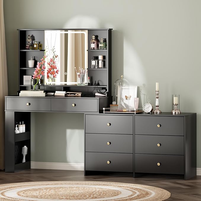 Ieejdn Makeup Vanity Desk with Mirror and Lights, Vanity Desk with 8 Drawers & Storage Shelves, Vanity Table with Power Outlet, 3 Color Modes & Adjustable Brightness Dressing Table, Bedroom,Black