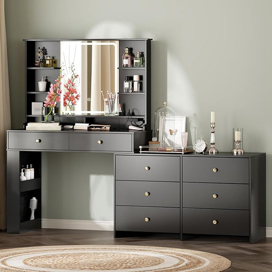 Ieejdn Makeup Vanity Desk with Mirror and Lights, Vanity Desk with 8 Drawers & Storage Shelves, Vanity Table with Power Outlet, 3 Color Modes & Adjustable Brightness Dressing Table, Bedroom,Black