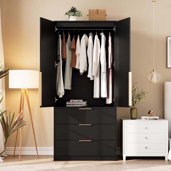 GarveeHome Armoire Wardrobe Closet, 69.5 in Wooden Wardrobe Cabinet with 3 Drawers, Hanging Rod, 2 Doors Clothing Storage Cabinet for Bedroom, Large Capacity Storage, Rattan Door, Black