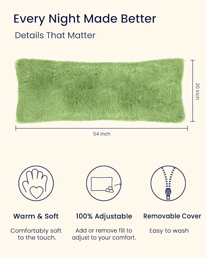 ZonLi Fluffy Body Pillow, Full Body Pillows for Adults, Long Pillow for Sleeping with Removable Cover and Adjustable Filling for Side Sleeper & Pregnancy, Large and Firm, Machine Washable (Sage Green)