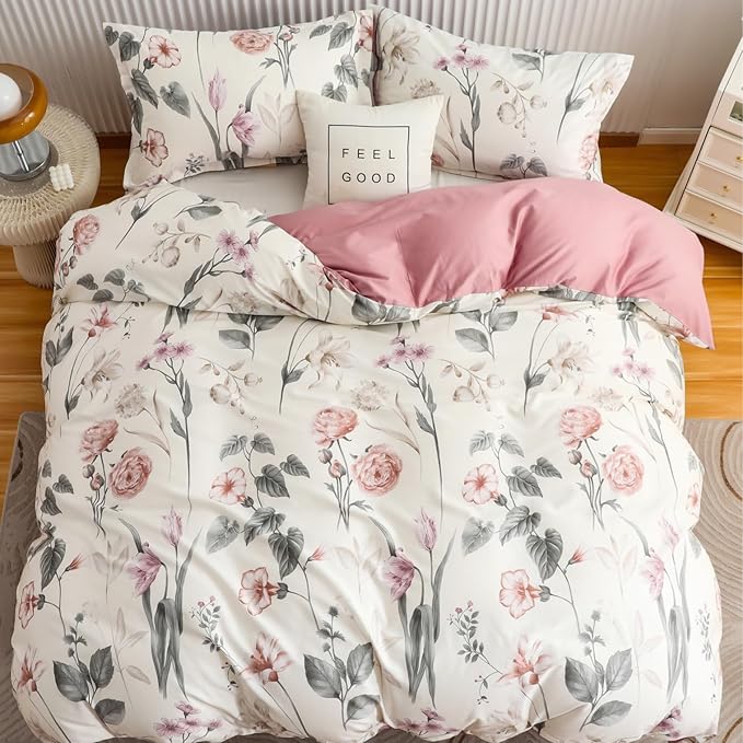 OAITE Duvet Cover Set Queen Size Floral Pattern 600 Thread Count Ultra Soft 100% Long Staple Cotton Duvet Cover Sets 3-PC, Breathable Duvet Cover with Zipper Closure & Corner Ties