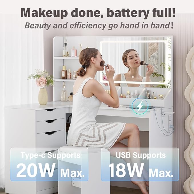 Furmax Vanity Desk with Mirror, L Shape Vanity, LED Lighted Mirror, with Power Outlet and 3 Storage Shelves, Makeup Table with 5 Drawers, 3 Color Modes, for Bedroom(White)