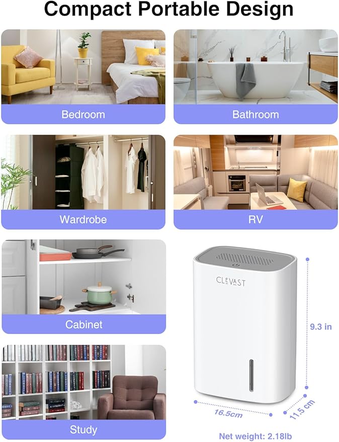 CLEVAST Small Dehumidifier for Home, 30oz Compact Mini Dehumidifier with Auto Shut-Off, Quiet 24dB Portable Air Dehumidifier for Bathroom, Bedroom, Closet, RV