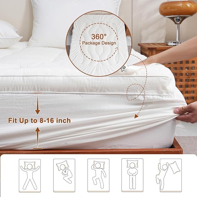 YOUR MOON 100% Wool Mattress Topper Twin Size, 800GSM Natural Wool Filling, Thick Pillow Top Mattress Pad, Back Pain Relief Bed Topper with Cotton Cover, 16" Deep Pocket, 39"x75" (White)