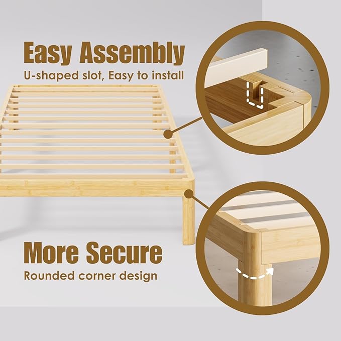 14 Inch High Bamboo Wood Twin XL Bed Frame Platform, Metal Slat Support XL Twin Bed Frame, No Box Spring Needed, Easy Assembly, Noise Free, Reinforced