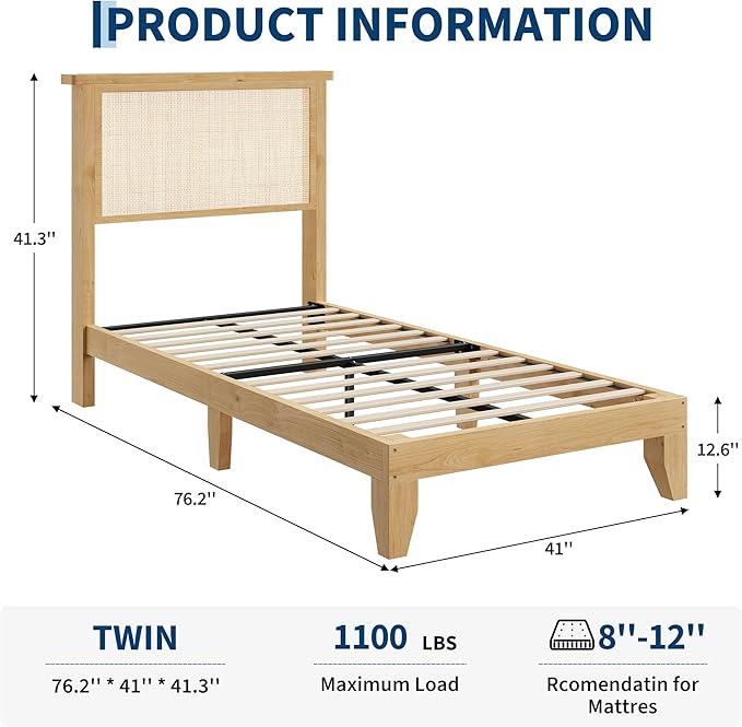 Garvee Twin Rattan Bed Frame, Bohemian Rattan Bed Frame Twin with Natural Headboard, LED Lights, No Box Spring Needed