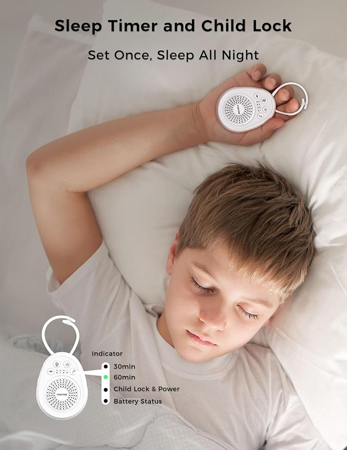 FOXFINE Portable Sound Machine, Travel White Noise Machine with 30 Soothing Sounds, Timer & Memory for Sleeping, Baby, Adults, White