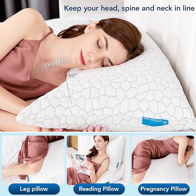 Cooling Pillow Queen Size Set of 2, Adjustable Bed Pillows for Sleeping, Luxury Shredded Memory Foam Side Sleeper Pillows 2 Pack, Cool No Flat Firm Cervical Neck Pillow for Side Sleepers Neck Pain
