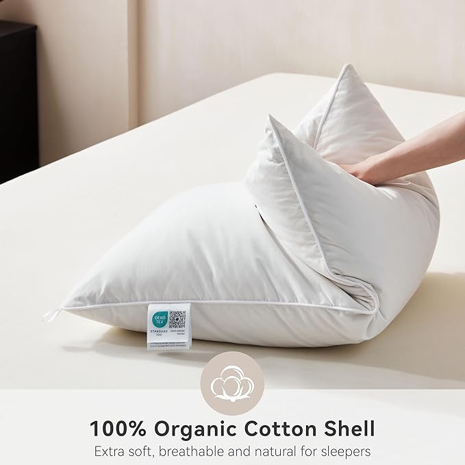 Goose Feather Down Pillows Standard Size Set of 2, Soft Pillows with 100% Organic Cotton Fabric, Luxury Hotel Quality Bed Pillow 2 Pack for Sleeping, Breathable & Fluffy (20" x 26")