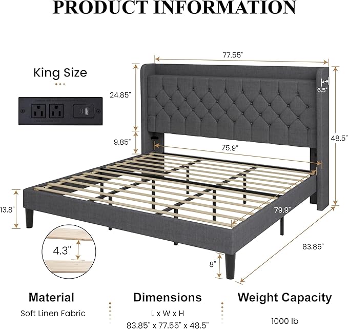 SHA CERLIN King Size Platform Bed Frame with Charging Station, Linen Wingback Headboard with Storage Shelf, Wooden Slats Support, Ample Under-Bed Space, No Box Spring Needed, Easy Assembly, Dark Grey