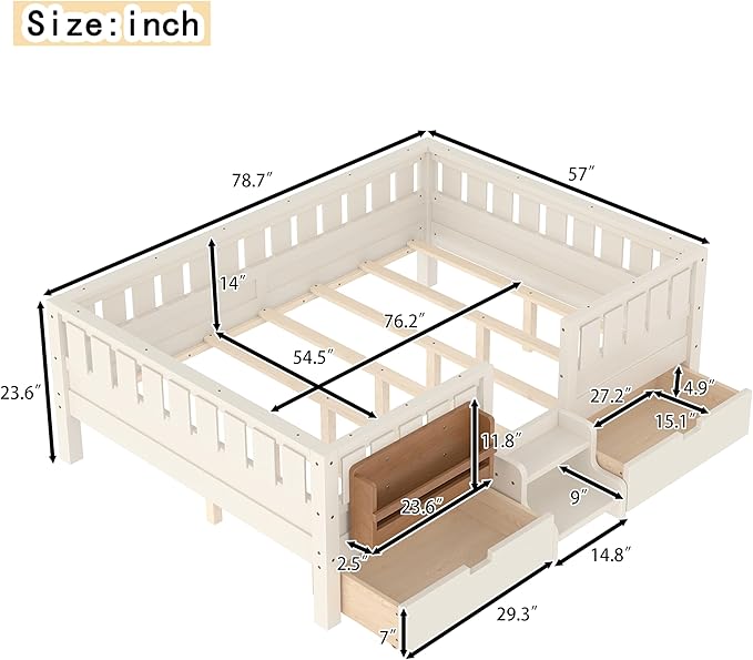 Bellemave Full Size Bed Frame with Storage Drawers & Bookshelf, Low Profile Kids Bed with Staircase & Full Length Guardrails, Solid Wood Full Size Bed Frame Kids with Slats Load 450 LBS, Beige
