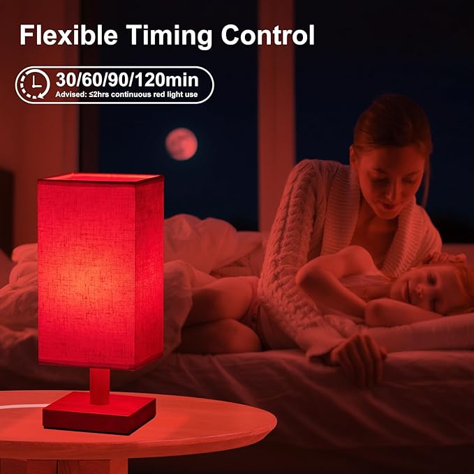 Red Light Lamp for Bedroom, Nightstand Lamp with 670nm Red & 3000-6500K White Light, Remote Control, Timer, Night Light, Dimmable LED Bedside Table Lamp with Memory Function, Wood Base & Fabric Shade