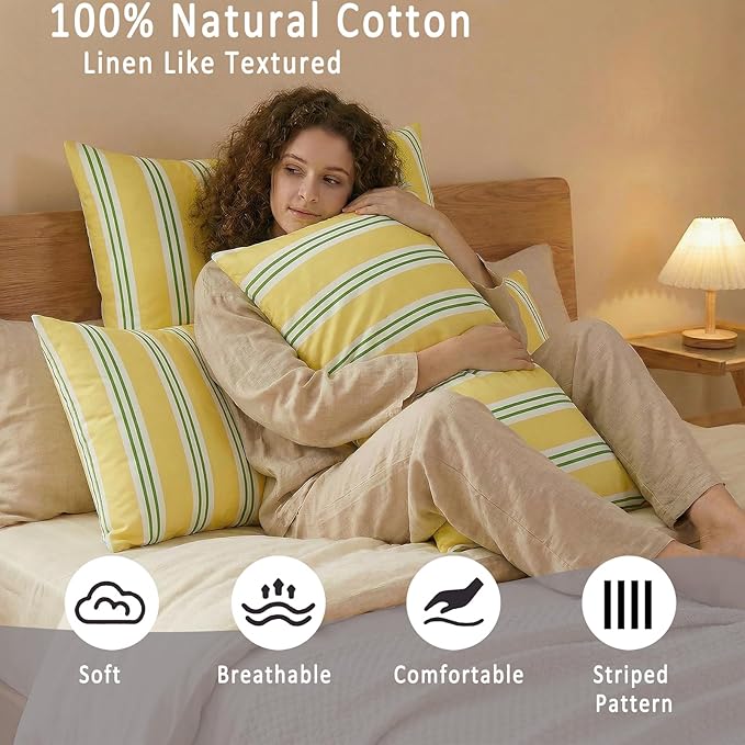 Merryword King Size Pillowcases, 100% Cotton Pillow Cases, Yellow and Green Striped Pillowcases, Soft Breathable Ribbon Stripe Pillow Covers, Set of 2