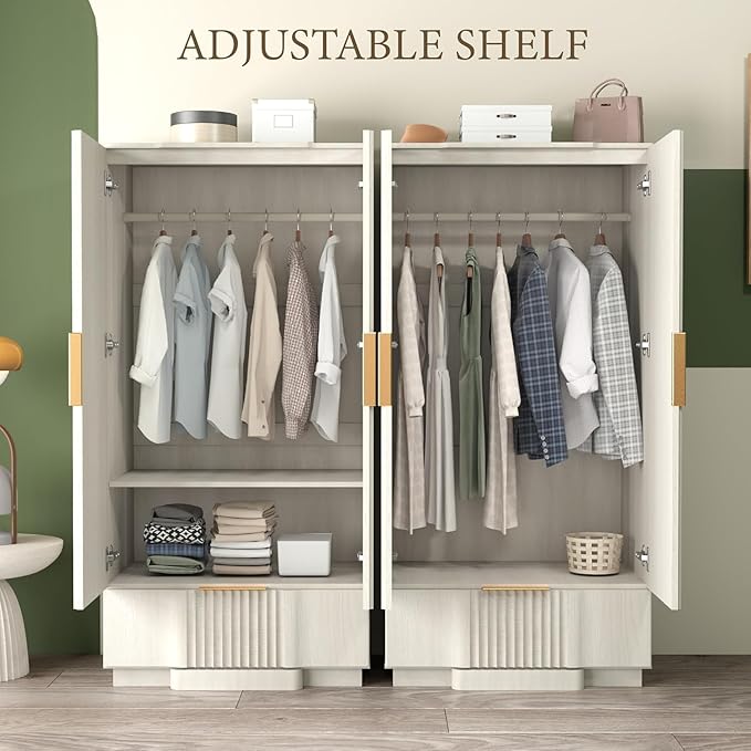Brafab 67" Fluted Armoire Wardrobe Closet Set of 2 with Drawers and Doors, Wooden Wardrobe Cabinet with Adjustable Shelves, Modern Storage for Clothes, Coats for Bedroom,White(2 pcs)