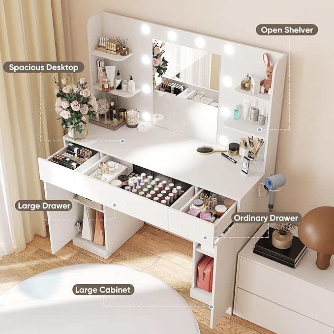 DUMOS Vanity Desk Makeup with Mirror LED Lights, Table with Power Outlet 3 Drawer, 4 Storage Shelves & 2 Cabinets, 3 Lighting Modes & Adjustable Brightness, Dressing Tables for Bedroom, White