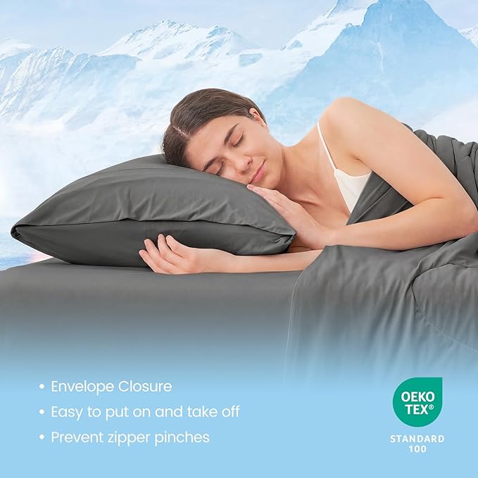 Cozy Bliss Cooling Pillow Cases for Hot Sleepers, Q-Max>0.45, King Size Set of 2, Soft & Silky Pillow Covers with Envelope Closure,Gift, Charcoal Gray, 20x36 Inches