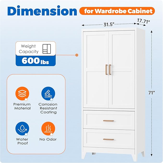 INTERGREAT 71” H Metal Wardrobe Cabinets with 2 Doors, Large Clothing Storage Cabinets with Hanging Rod and Adjustable Shelves, Closet for Home Living (White)