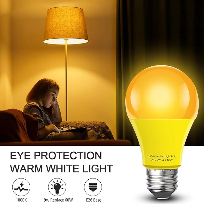 Amber Sleep Light Bulb 2 Pack，Dimmable 1800K Warm Light Bulbs for Healthy Sleep,Blue Light Blocking,A19 9W(60W Equivalent) E26 Base Amber Light Bulbs for Bedroom, Baby Nursery Room
