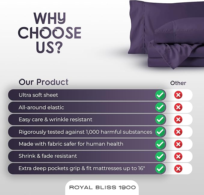 Split Queen Sheets - 5 Pcs Set for Adjustable Bed - Soft, Wrinkle-Resistant (Plum)