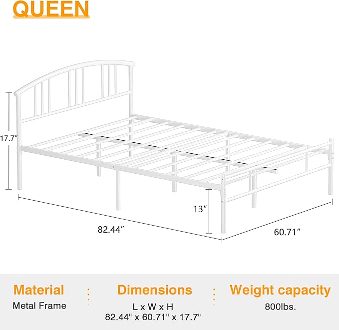 VECELO 14 inch Queen Bed Frame White Beds Metal Platform Mattress Foundation with headboard Footboard Steel Slat Support/No Box Spring Needed/Easy Assembly