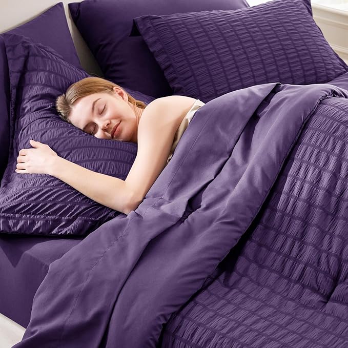 CozyLux Full Size Comforter Sets with Sheets 7 Pieces, Purple Seersucker Bed in a Bag Textured Luxury Soft Bedding Sets with Down Alternative Comforter, Sheets, Pillowcases & Shams for All Seasons
