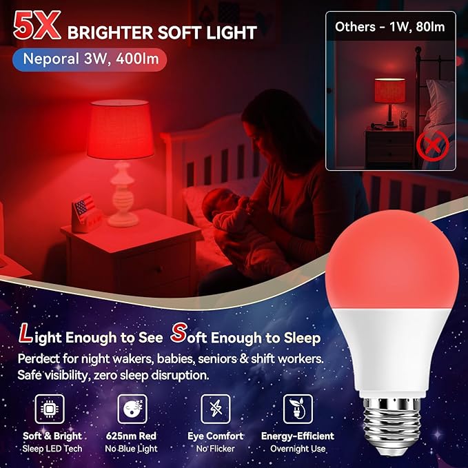 Neporal 625nm Red Light Bulbs for Sleep 3W, 100% Blue Light Blocking Light Bulbs for Melatonin Promoting, A19 LED 40W Equivalent Soft Red Night Light Bulb for Baby Nursery, Sleeping, Reading, 3-Pack