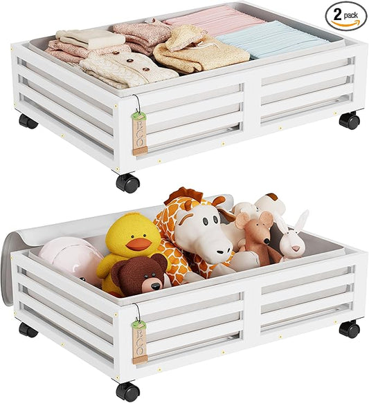 Wisuce Bamboo Under Bed Storage Containers- Underbed Organizer with Wheels with Dust Bag,Sturdy Wood Rolling Under the Bed Shoe Storage Organizer Drawers (White, 2 Pack (23.62"×16.54"))