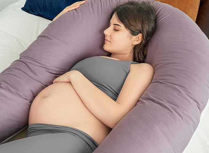 QUEEN ROSE Extra Long U Shaped Body Pillow, 65in Pregnancy Pillows for Sleeping, Full Body Support for Adults and Maternity Women, Cooling Sateen Cover, Purple and White