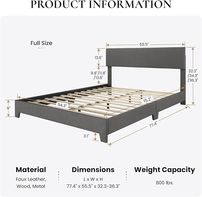 SHA CERLIN Full Size Platform Bed Frame with Clean Line Fabric & Adjustable Headboard, Wood Slats Support, No Box Spring Needed, Easy Assembly, Dark Grey