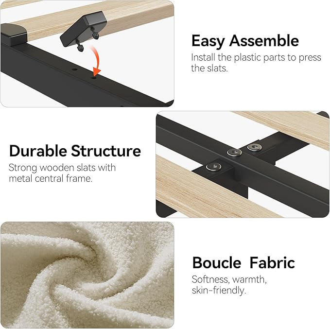 Garvee Full Size Bed Frame with 2 Flexible Drawers, Boucle Upholstered Platform Bed Frame with Bookcase Headboard, Bedframe for Kids/Girls, Easy Assembly, No Box Spring Needed, Noise Free, Beige