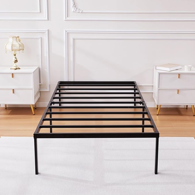 Heavy Duty Metal Bed Frame Twin Size 38" W 75" L 14" H inch with Storage Mattress Foundation Steel Slats Platform Easy Assembly Black