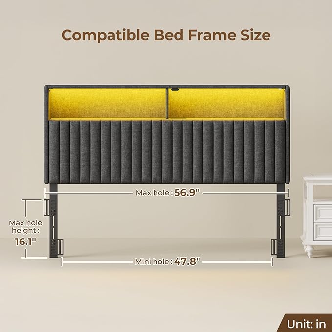 Rolanstar Headboard for Full Size Bed with Storage, Head Board with USB & Type C Port, 60,000 DIY Color of LED Light, Velvet Upholstered, Height Adjustable, Sturdy, Easy Assembly, Black