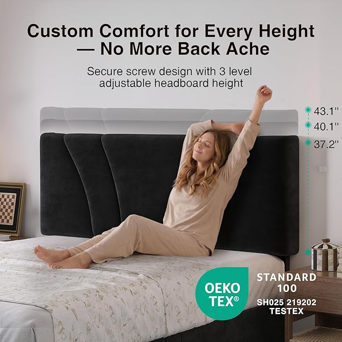 Novilla Queen Bed Frame with Headboard, Queen Bed Frame with Drawers, Queen Bed Frame with LED Lights, Charging Station and Adjustable Headboard, No Box Spring Needed, Black Velvet