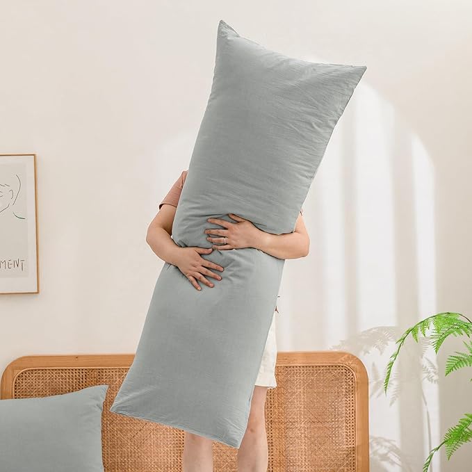 BESTOUCH 100% Washed Cotton Pillowcase for Hair and Skin Linen Feel Soft Comfortable Breathable 1 Pcs Pillow Case with Envelope Closure Solid Northern Droplet Grey Body 20x54 Inches