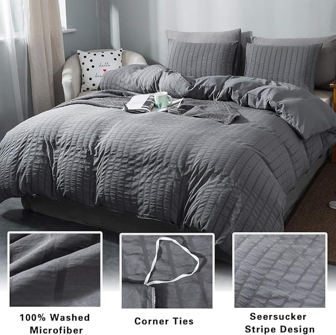 AveLom Queen Duvet Cover Set, 3 Pieces - 90 x 90 in, Dark Gray Microfiber with Zipper and Ties