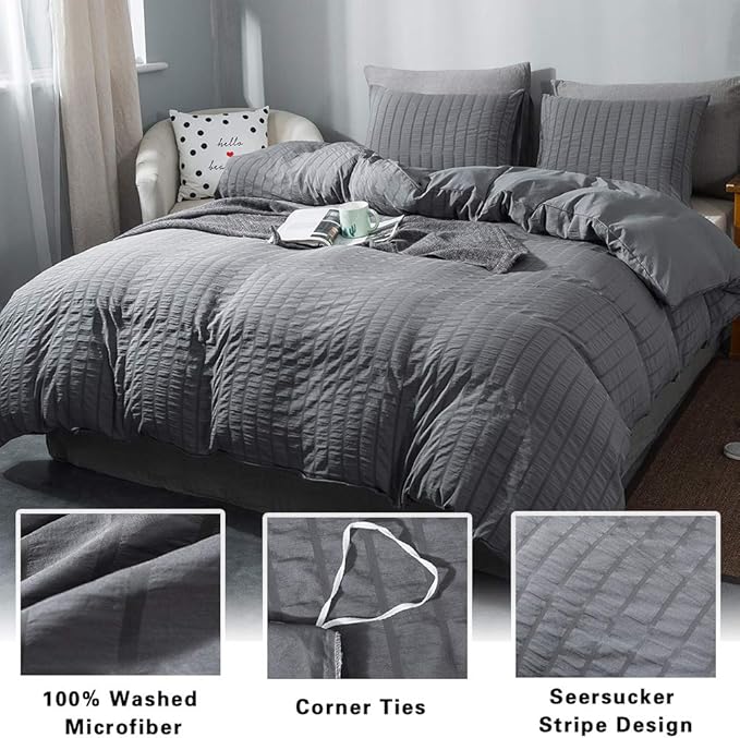 AveLom Dark Gray Duvet Cover Twin Size (68 x 90 inches)，2 Pieces (1 Duvet Cover, 1 Pillow Case) Stripe Textured Soft Washed Microfiber Grey Duvet Cover with Zipper Closure Corner Ties