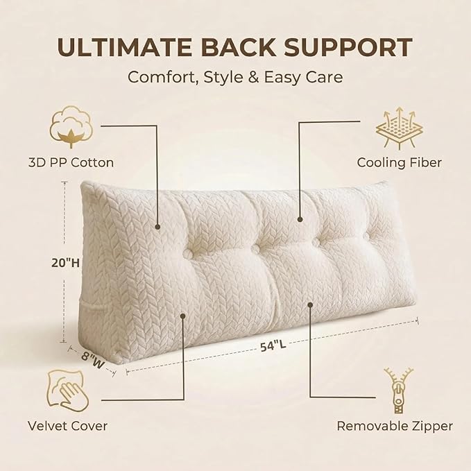 Headboard Pillow Full Size, Reading Pillow for Bed, Leaf Pattern Wedge Pillow, Tufted Backrest Support, Headboard Substitute, Beige