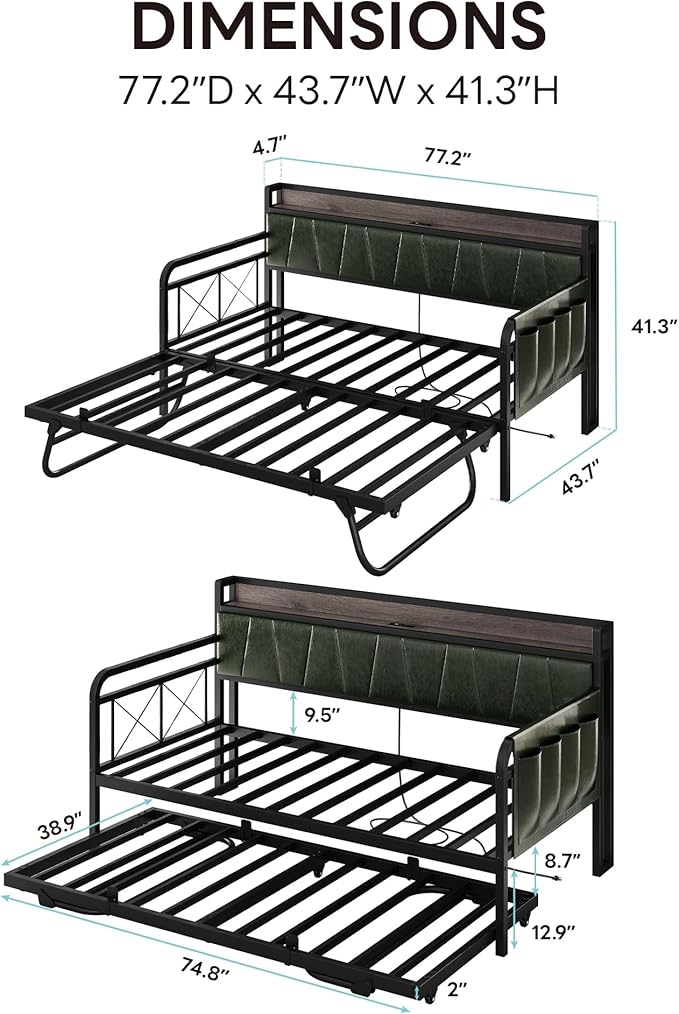 LIKIMIO Twin Daybed, Day Bed with Trundle, Storage Upholstered Headboard and Charging Station, Trundle Bed with Strong Supports for Living Room, Bedroom, and Guest Room, Dark Green